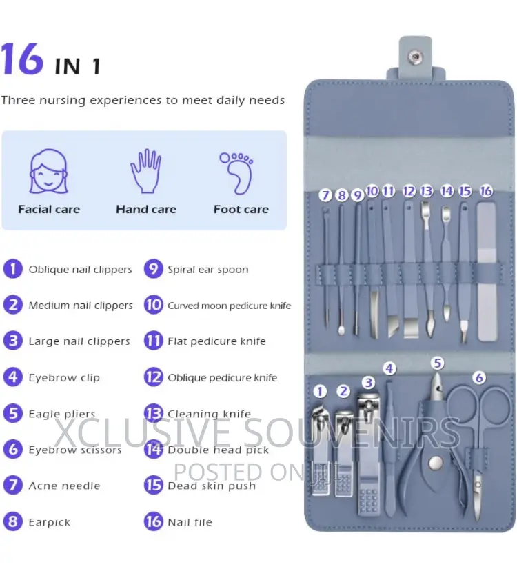 16pcs Stainless Steel Manicure/Pedicure Kit, Nail Care Tools