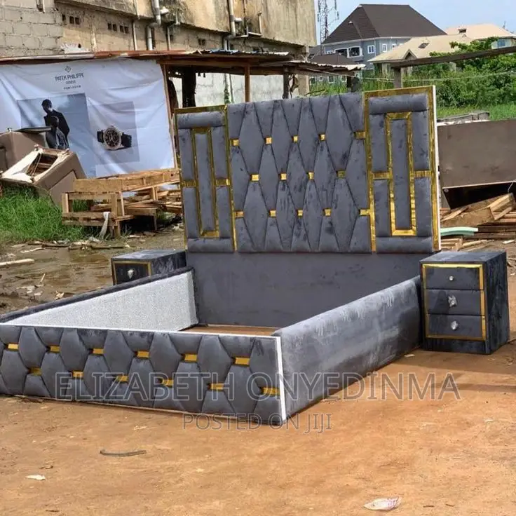 6 by 6 Padded Bed Frame Gray Color Design With Touch of Gold