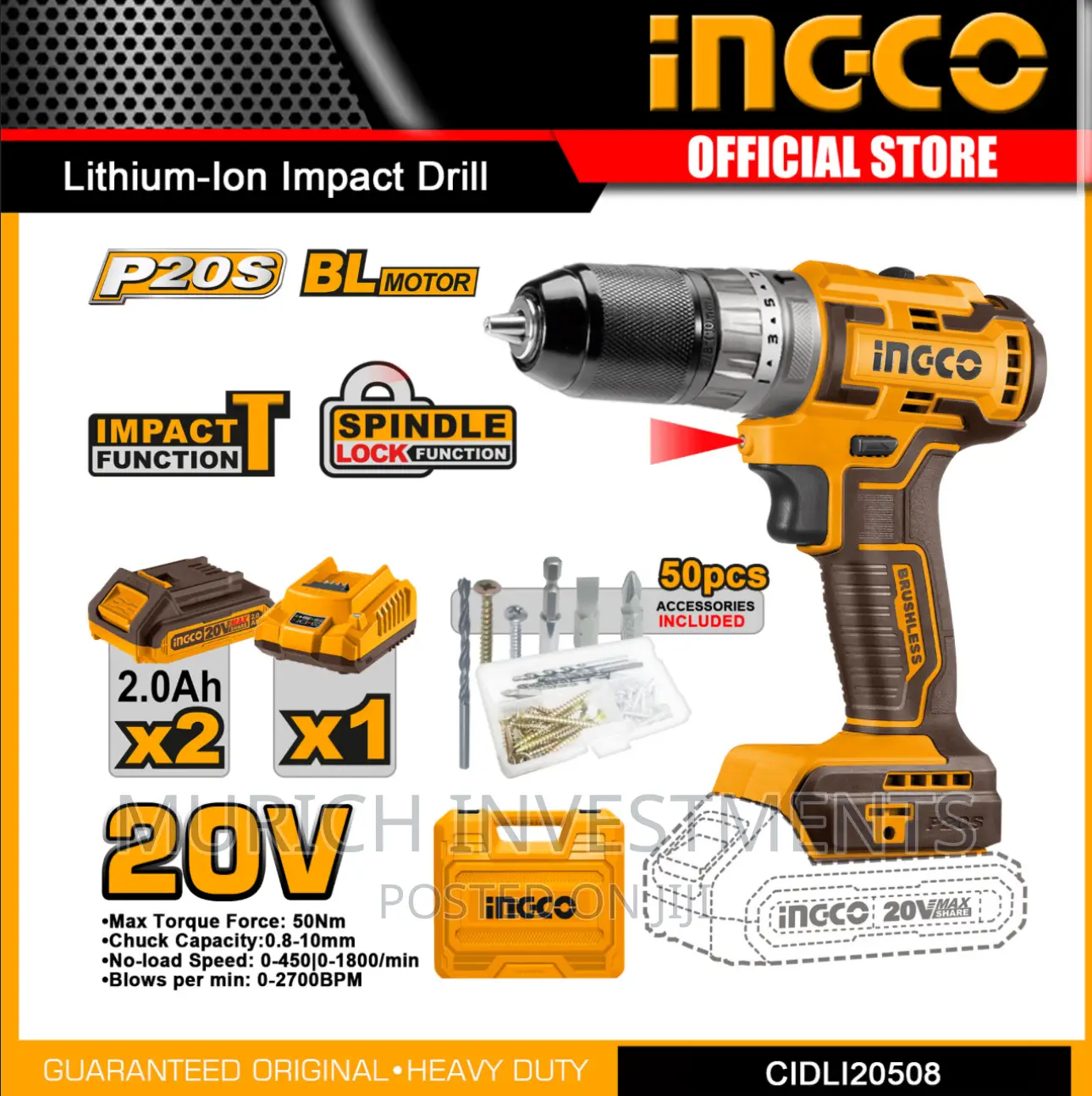 INGCO 20V Lithium-Ion Brushless Impact Drill CIDLI20508