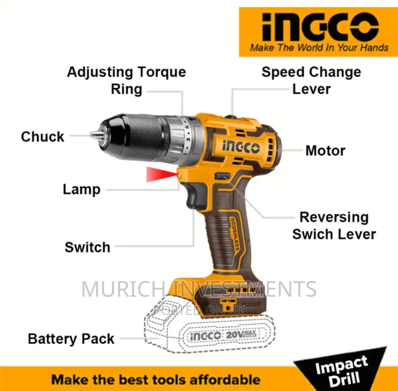 INGCO 20V Lithium-Ion Brushless Impact Drill CIDLI20508