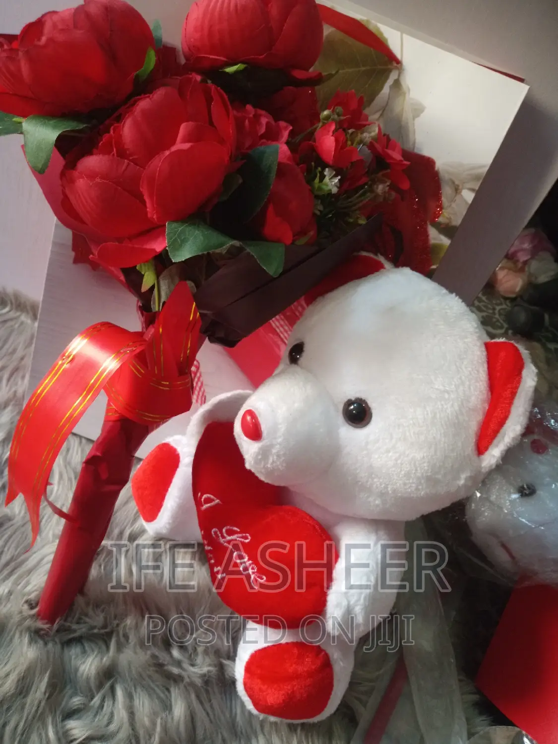 Scented Red Rose Flower With a Teddy Bear in a Fancy Bag