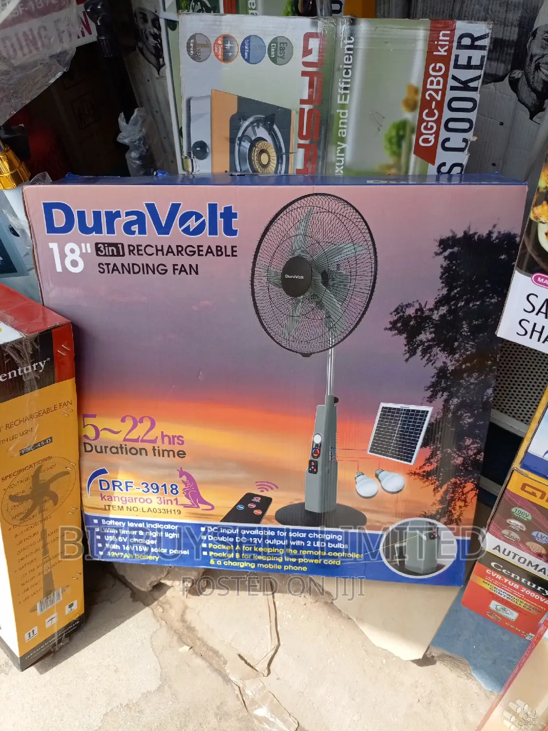18" Duravolt 3in1 Rechargeable Standing Fan With Solar Panel
