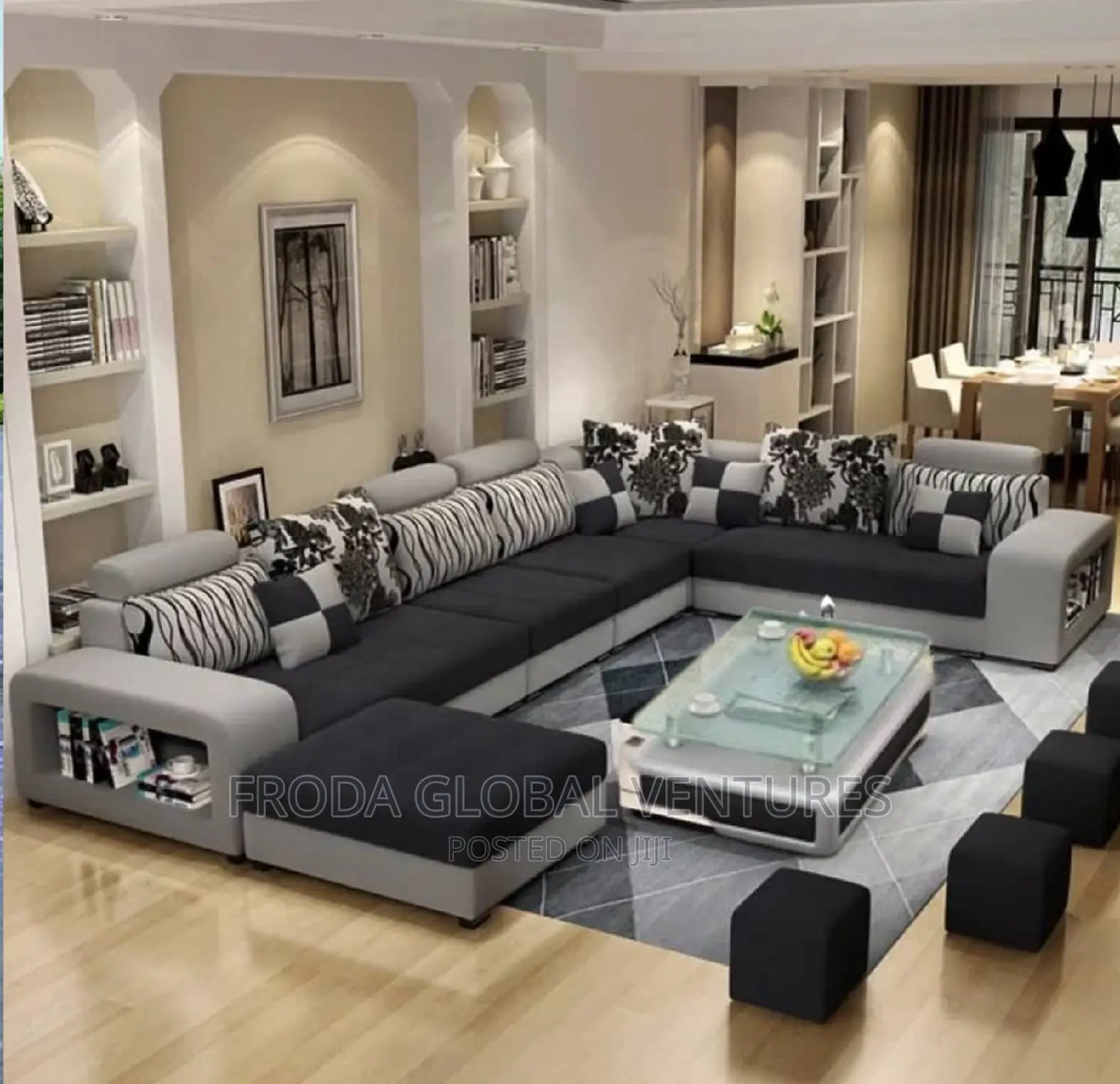 Set of U-Shape Sofa Chairs With Pillows, Table, Stools. Li01