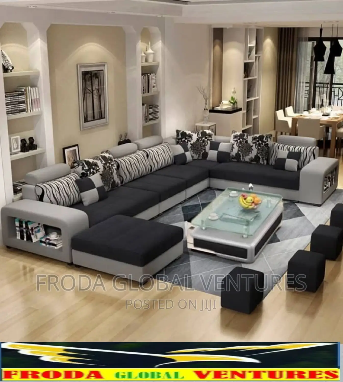 Set of U-Shape Sofa Chairs With Pillows, Table, Side Stools. Agp01