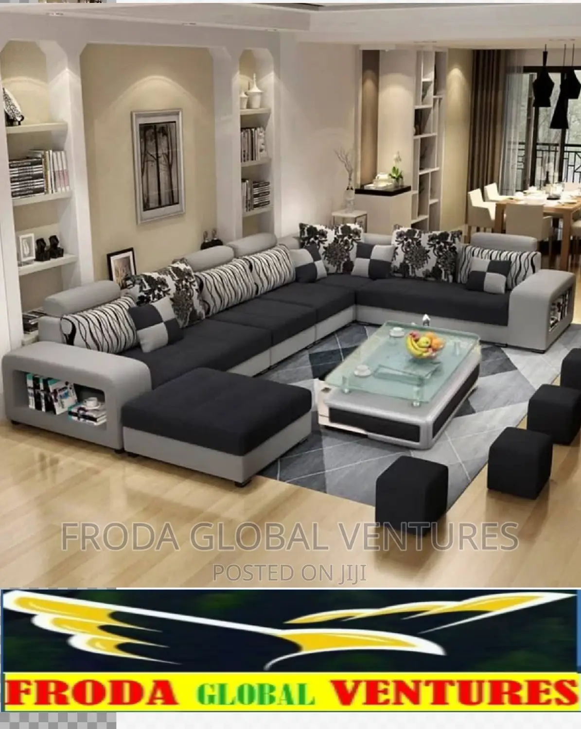 Set of U-Shape Sofa Chairs With Pillows, Table and Stools. Couch Llk1