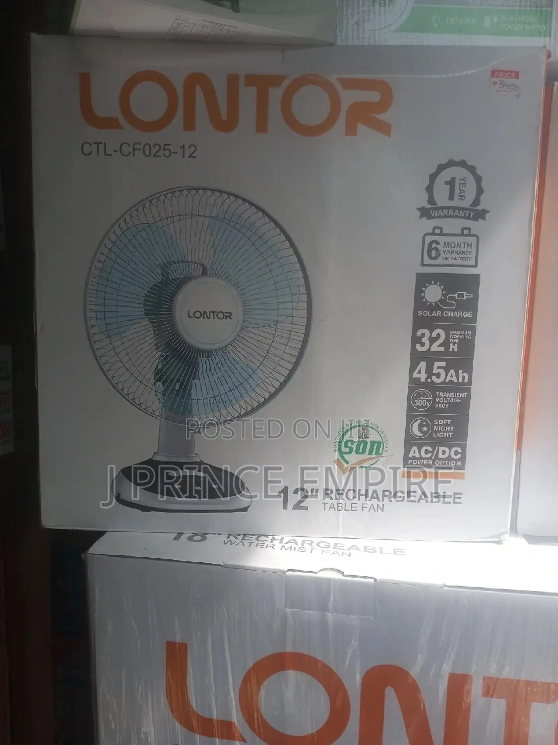 Lontor Rechargeable Table Fan With Free Solar- 12"