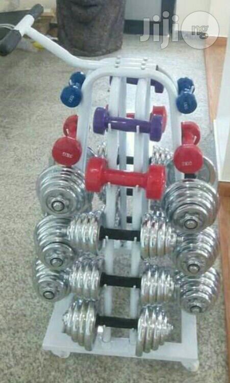 Complete Set Of Iron And Rubber Dumbbells And Rack All Size