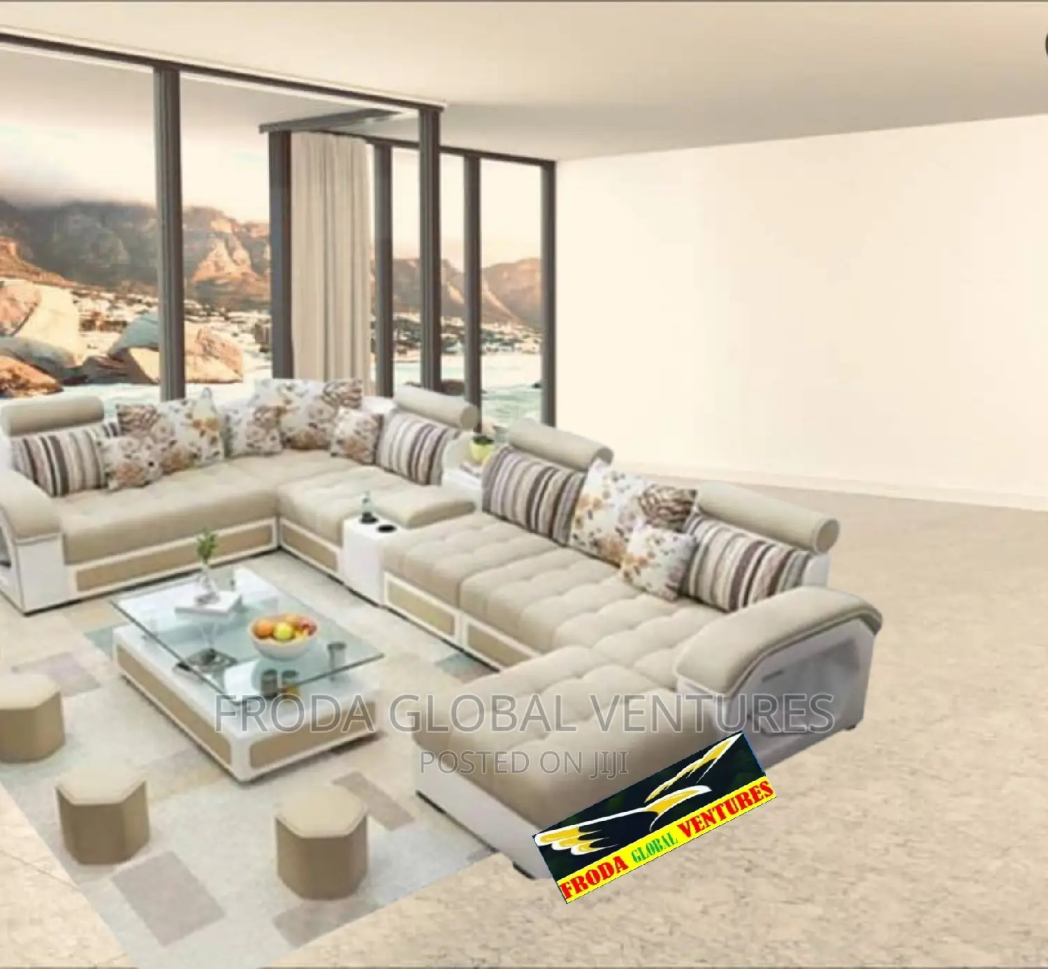 Fabric Sofa Set of U-Shape Chairs, Table and Side Stools Lali1