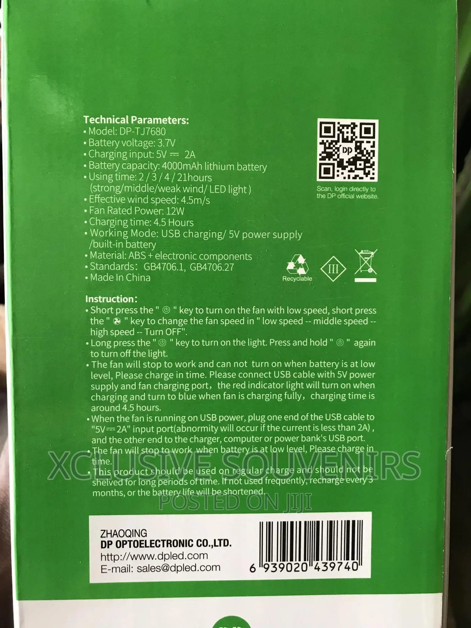 Dp-tj7680 Rechargeable Fan 4000mah