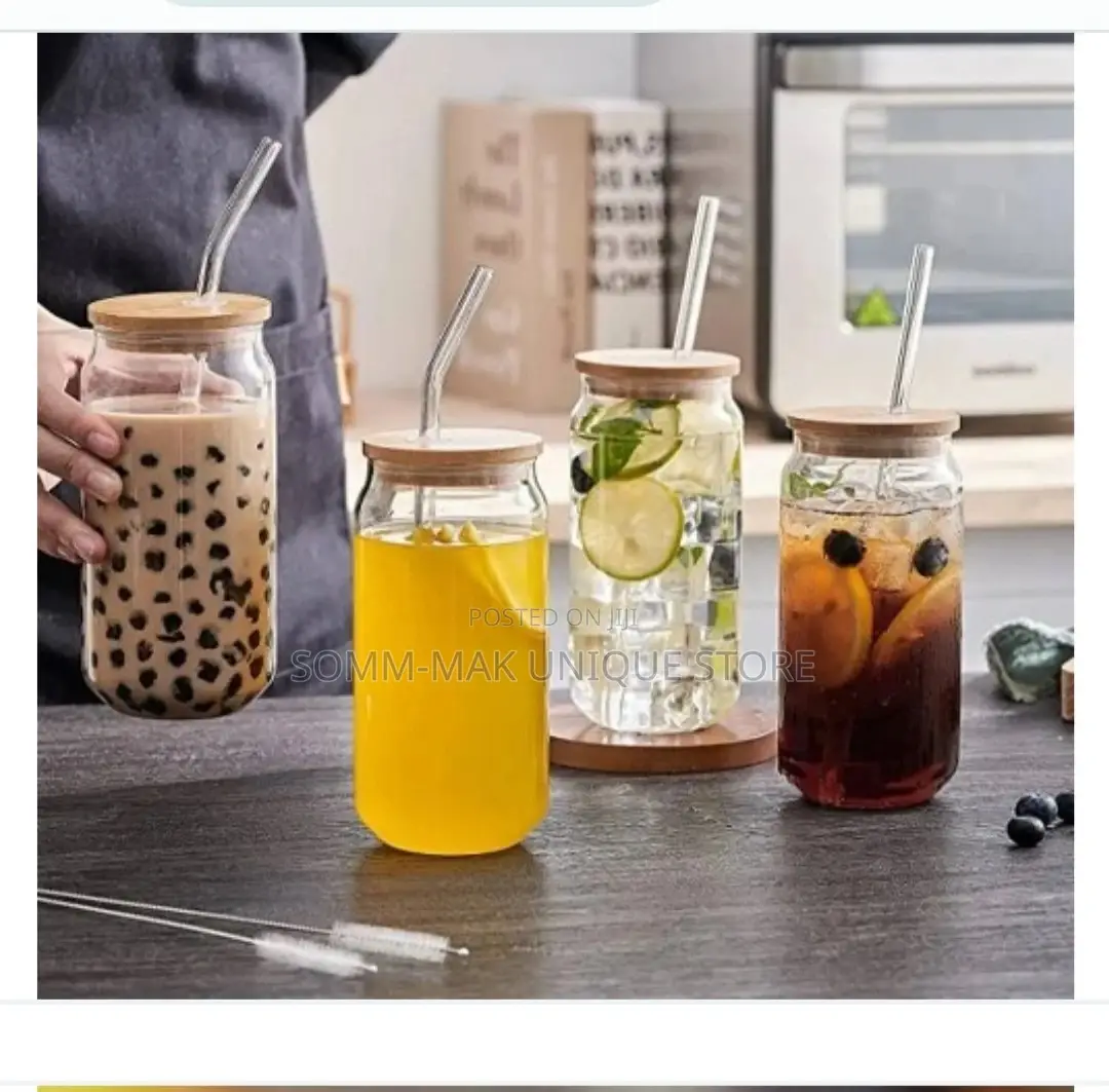 Coffee Mug Glass Cup With Bamboo Lid and Straw