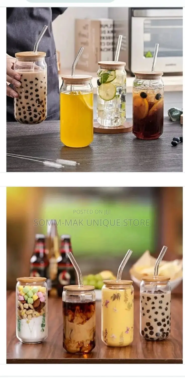 Coffee Mug Glass Cup With Bamboo Lid and Straw
