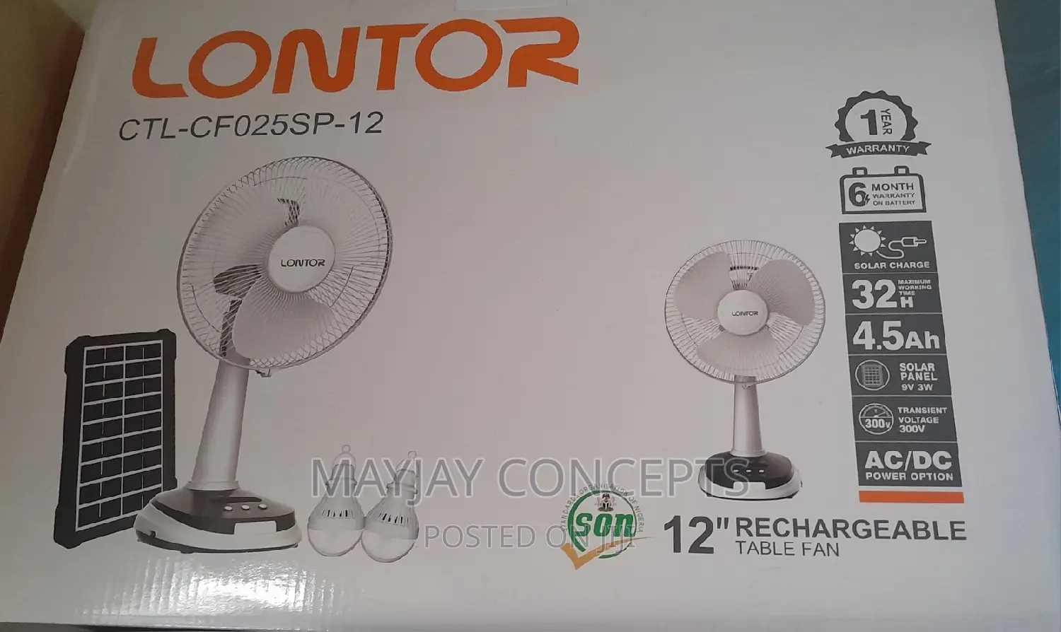 Lontor 12" 3-in-1 Solar Table Rechargeable Fan+Panel+2-Bulbs