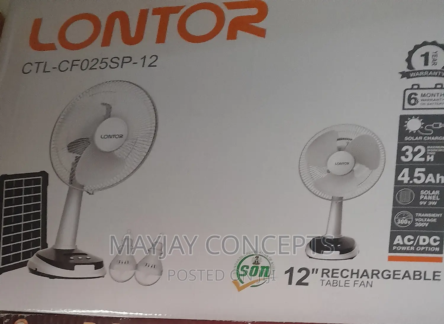 Lontor 12" 3-in-1 Solar Table Rechargeable Fan+Panel+2-Bulbs