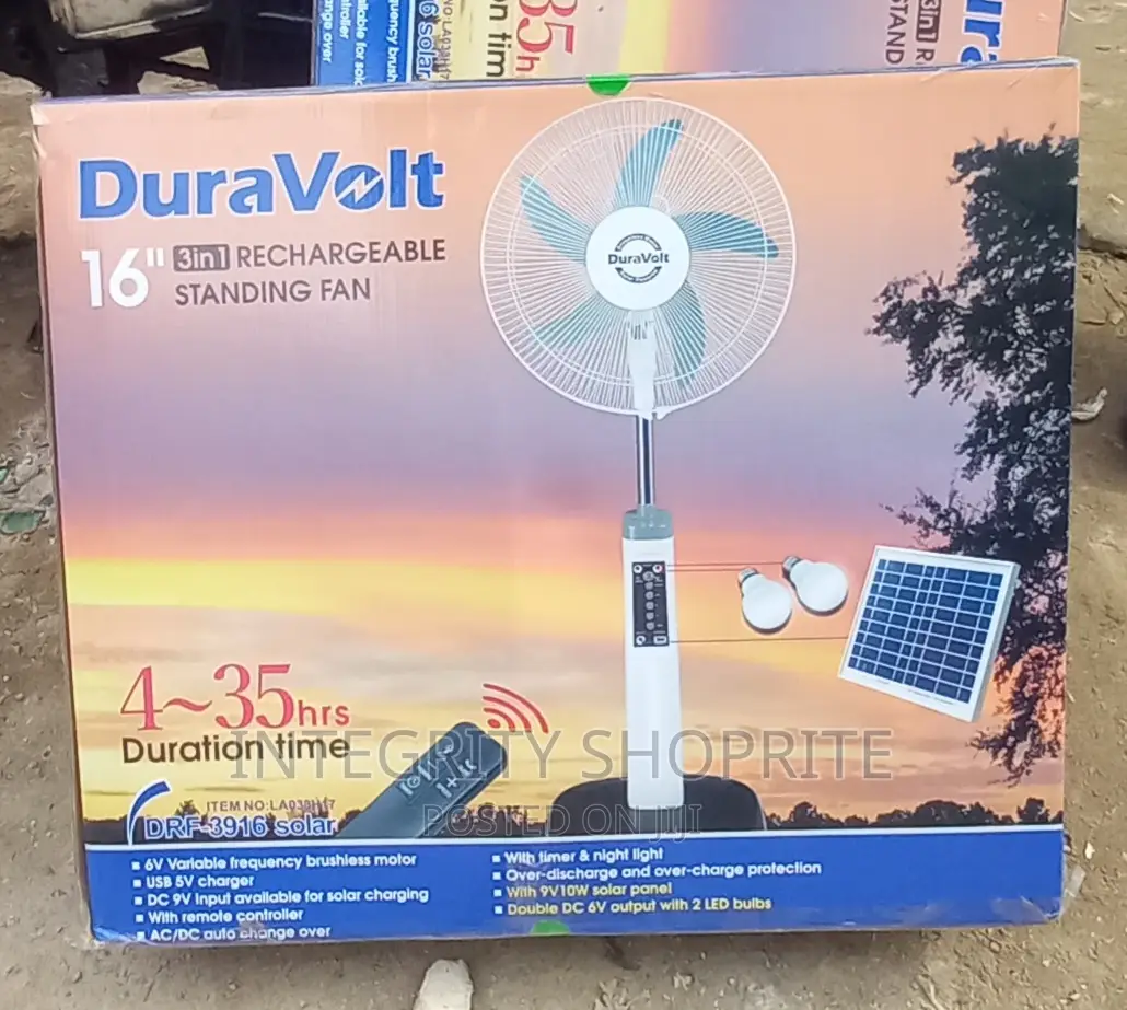 Duravolt 16 Inches 3 in 1 Rechargeable Fan With Solar