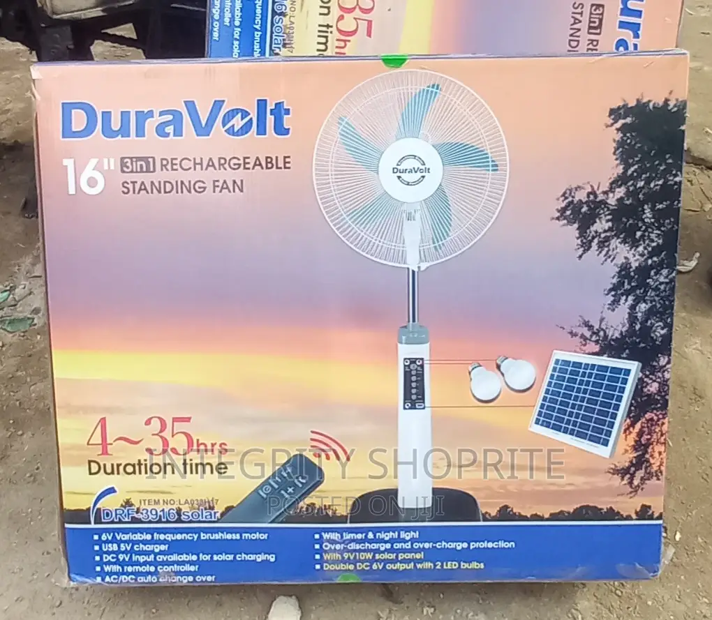 Duravolt 16 Inches 3 in 1 Rechargeable Fan With Solar