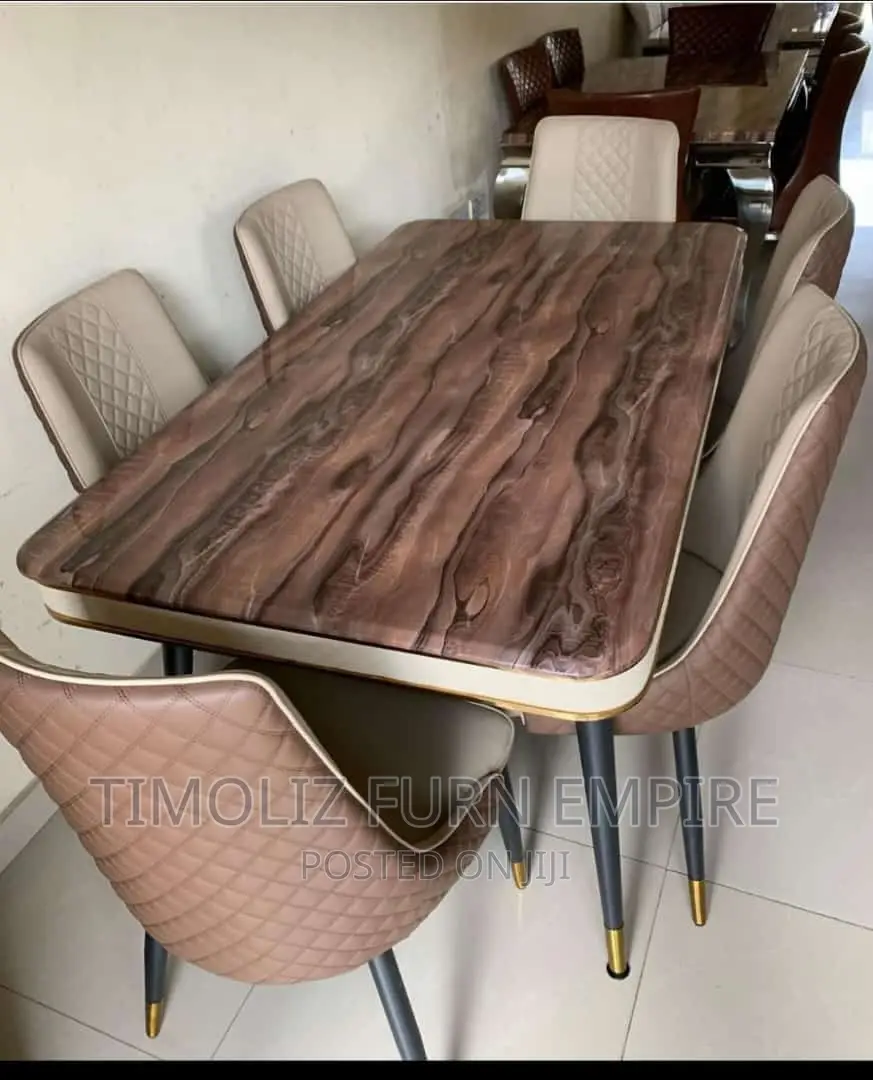 Classic 6 Seaters Foreign Marble Dining Set, Brown Colour