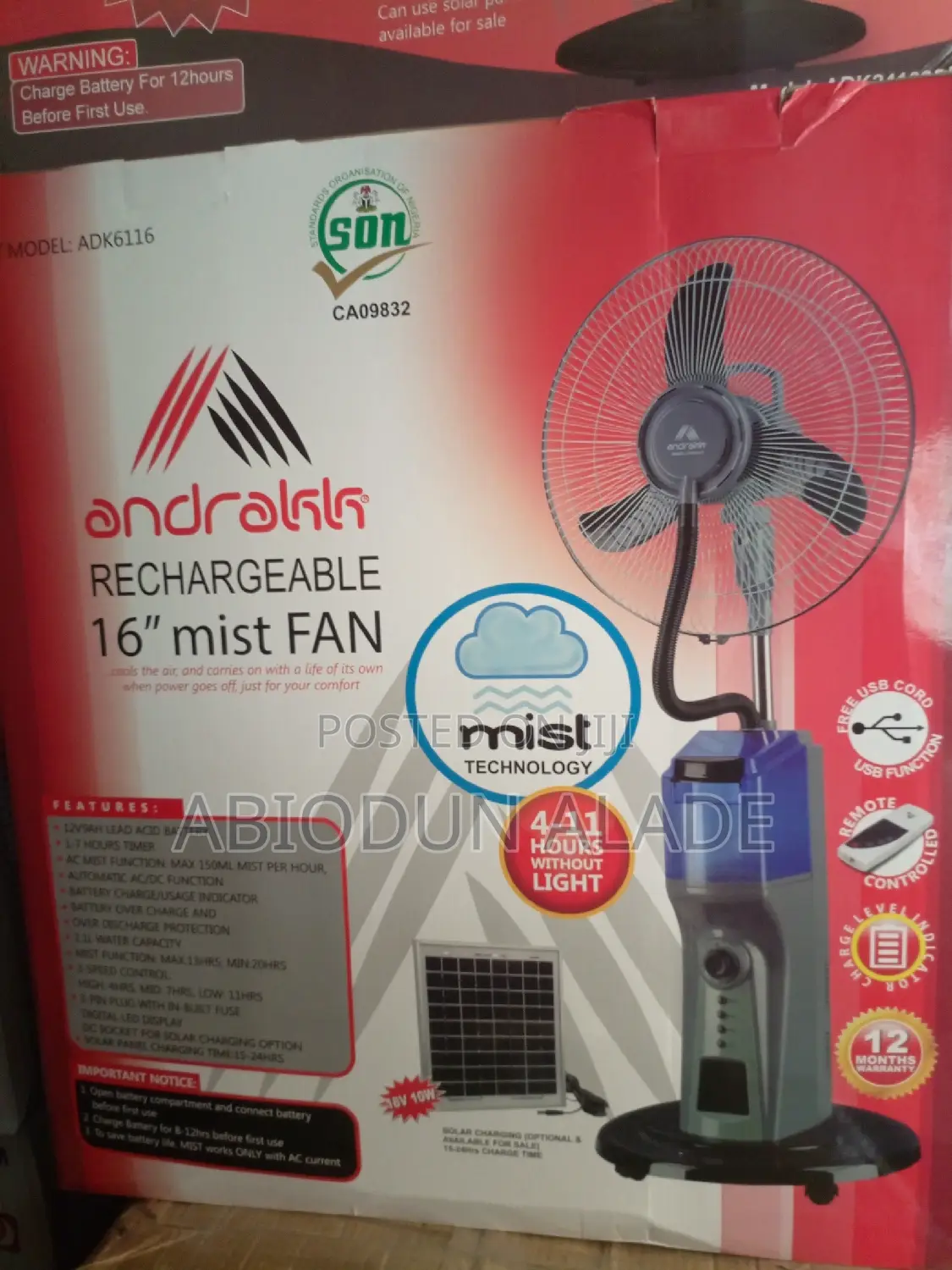 16 Inches Andrakk Rechargeable Mist Fan