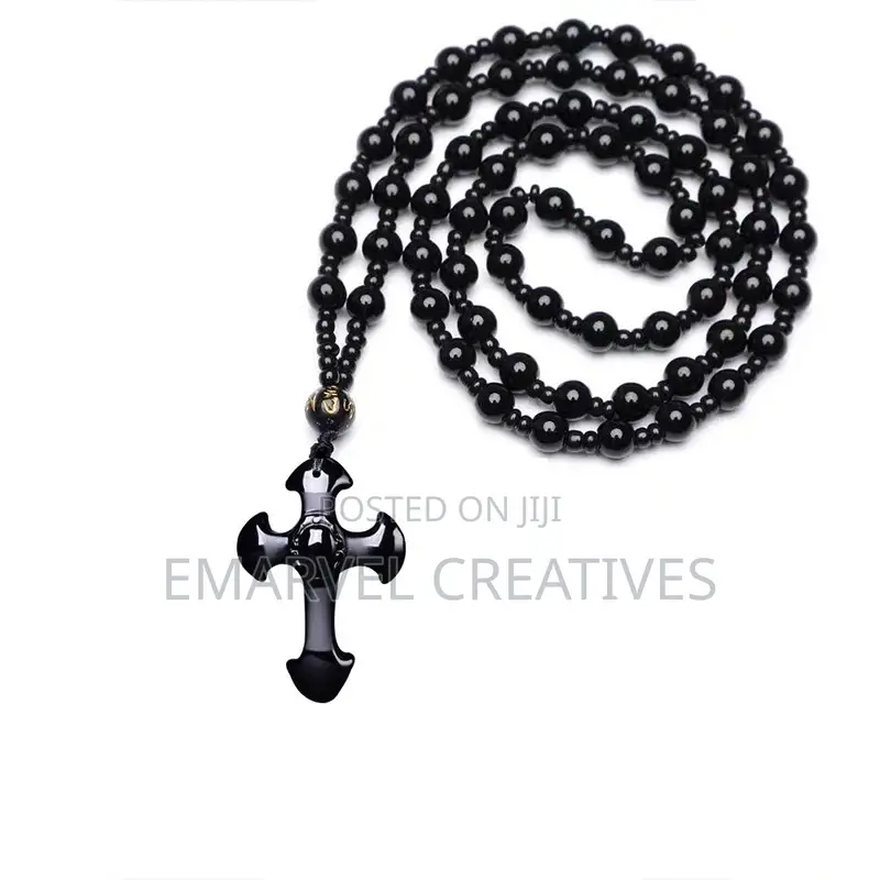 Natural Black Obsidian Carved Cross Lucky Pendant Free Beads