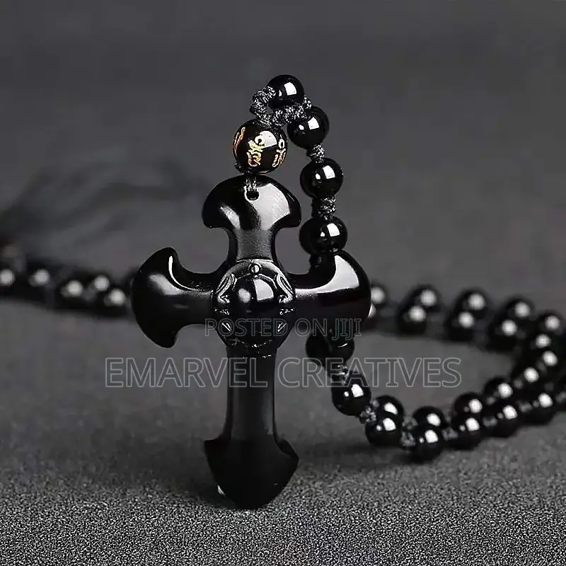 Natural Black Obsidian Carved Cross Lucky Pendant Free Beads