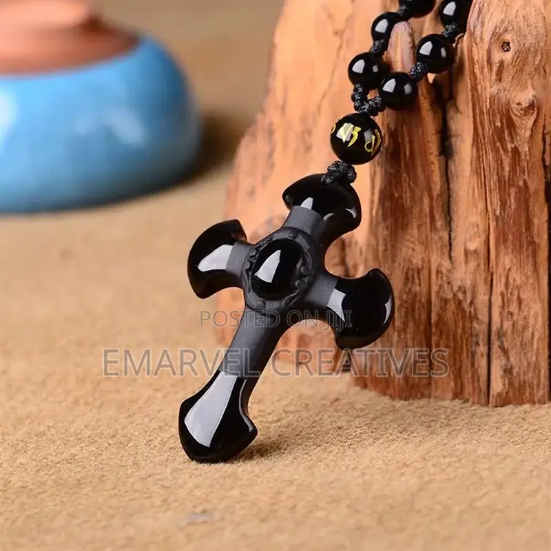 Natural Black Obsidian Carved Cross Lucky Pendant Free Beads