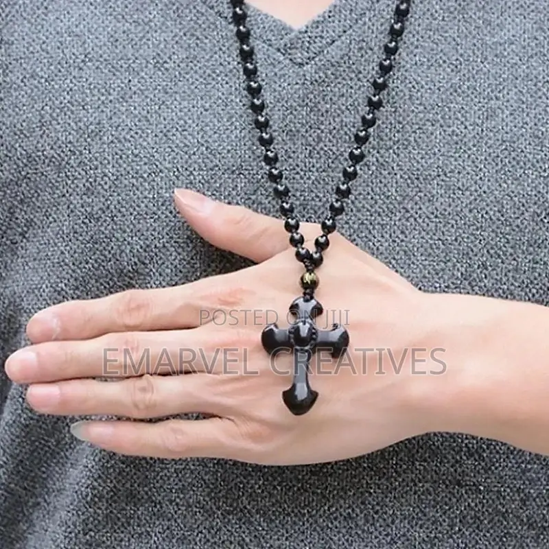 Natural Black Obsidian Carved Cross Lucky Pendant Free Beads