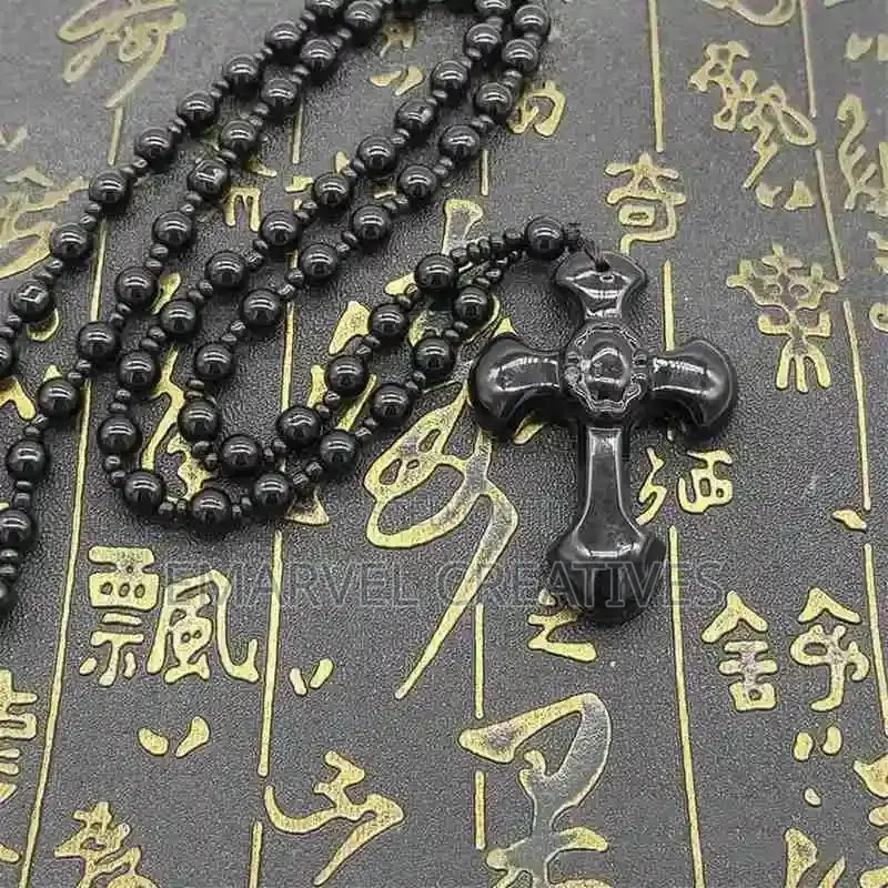 Natural Black Obsidian Carved Cross Lucky Pendant Free Beads