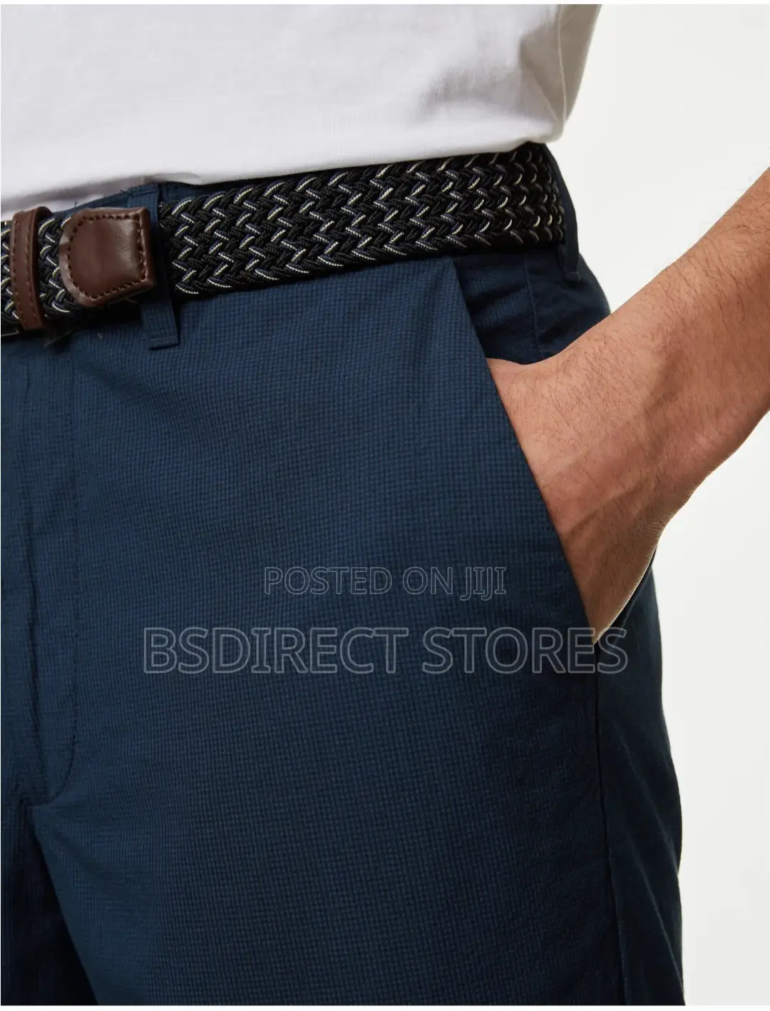 Marks and Spencer Navy 44in Pure Cotton Checked Belted Chino