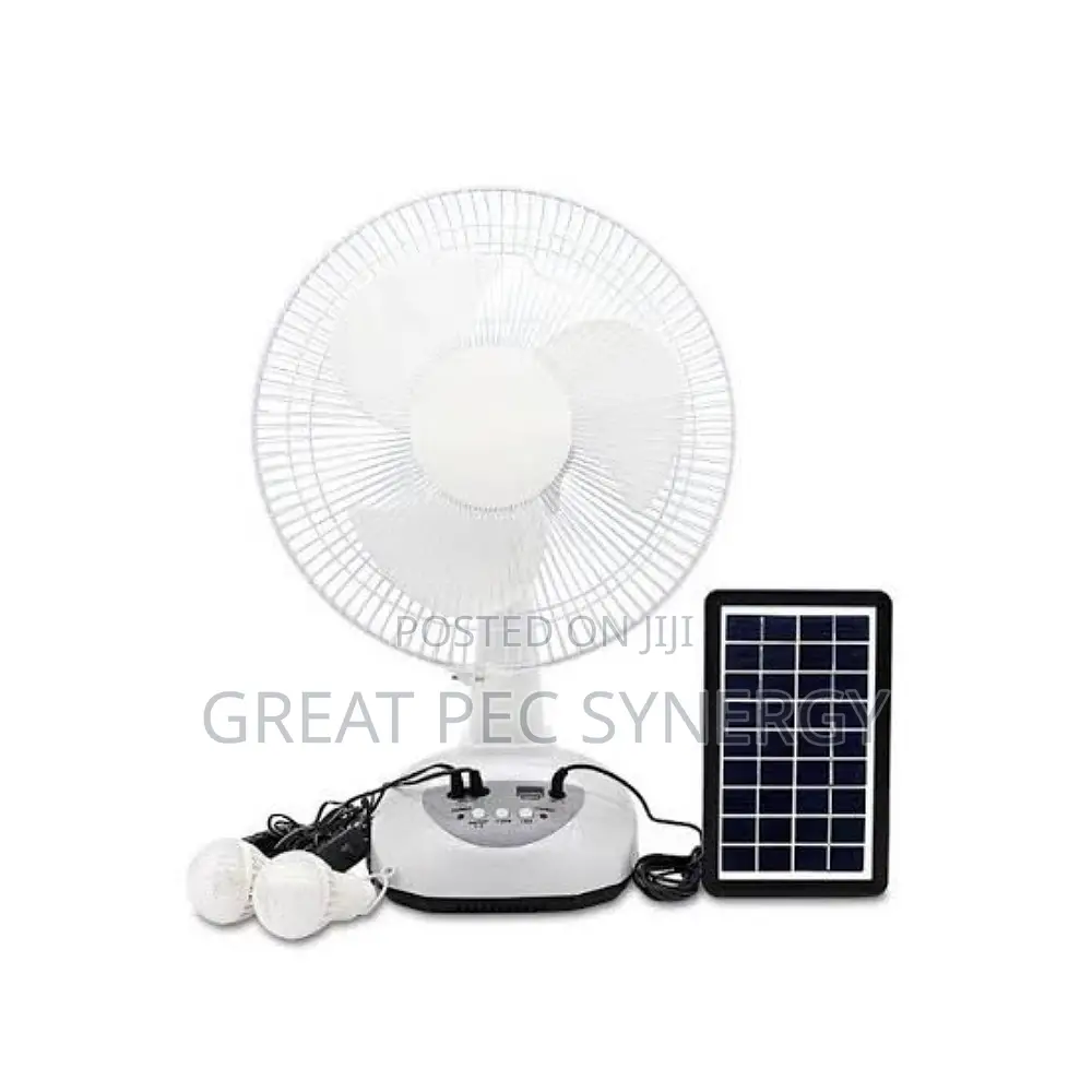 12" Rechargeable Table Fan With Solar and Bulbs