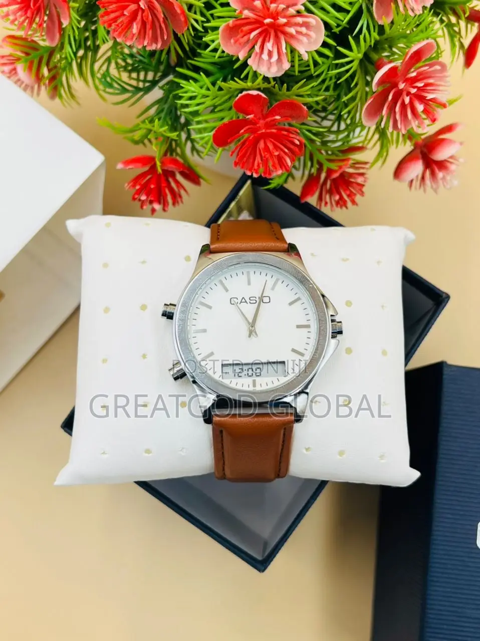 CASIO LEATHER WRISTWATCH Double Time Silver