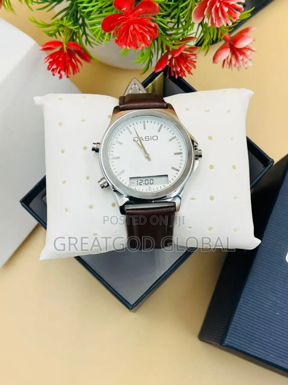 CASIO LEATHER WRISTWATCH Double Time Silver