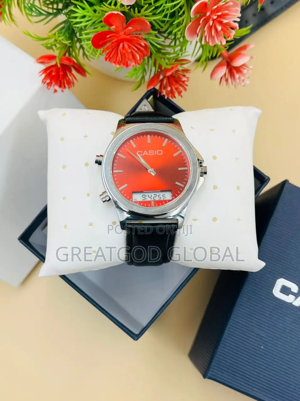 CASIO LEATHER WRISTWATCH Double Time Silver