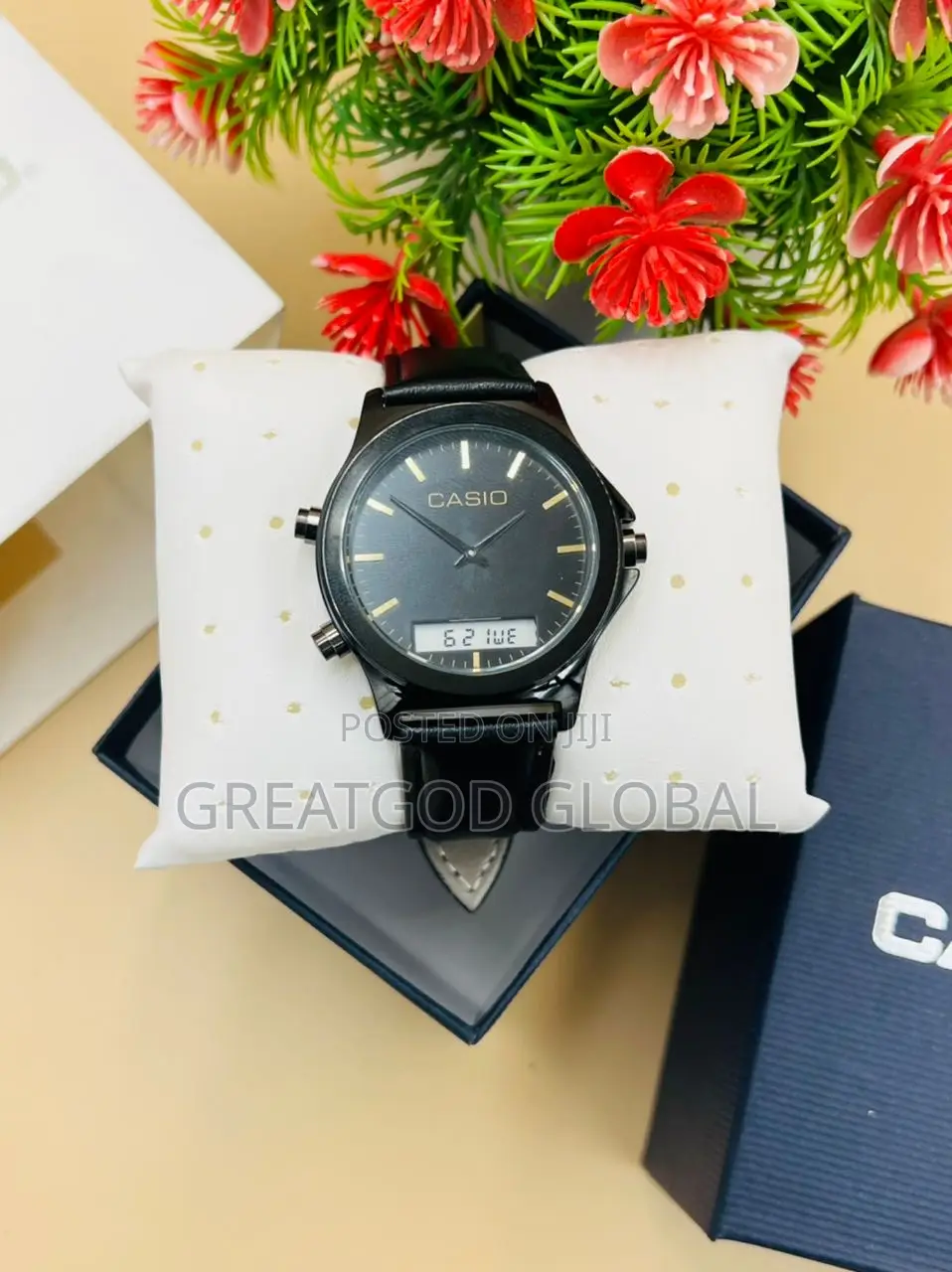 CASIO LEATHER WRISTWATCH Double Time Black