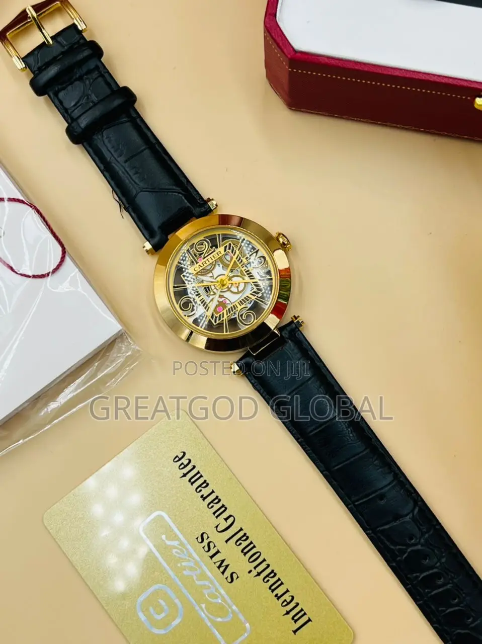 Cartier Leather Wristwatch Unique Round Face With Box