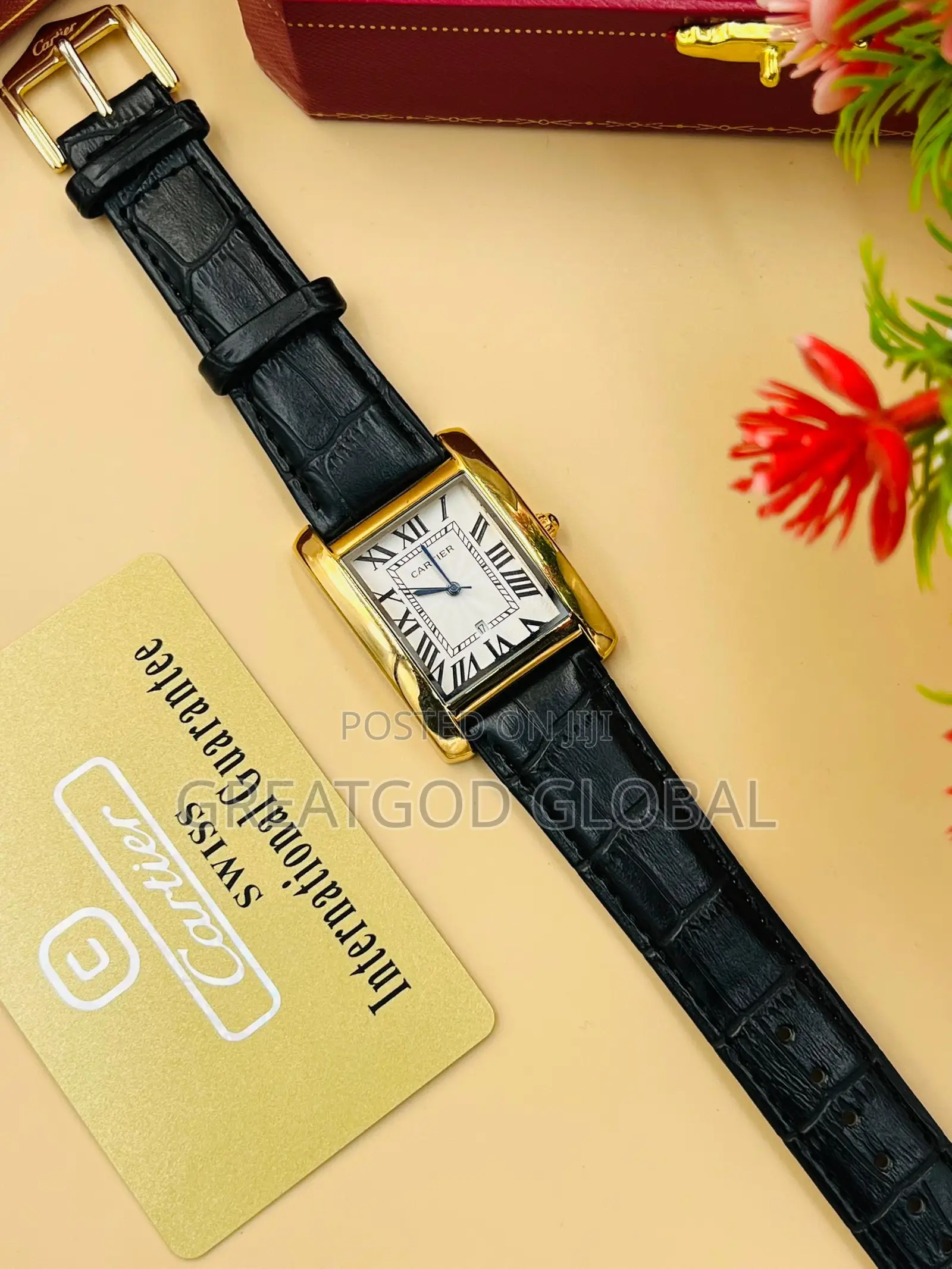 Cartier Leather Wristwatch Unique With Box Gold