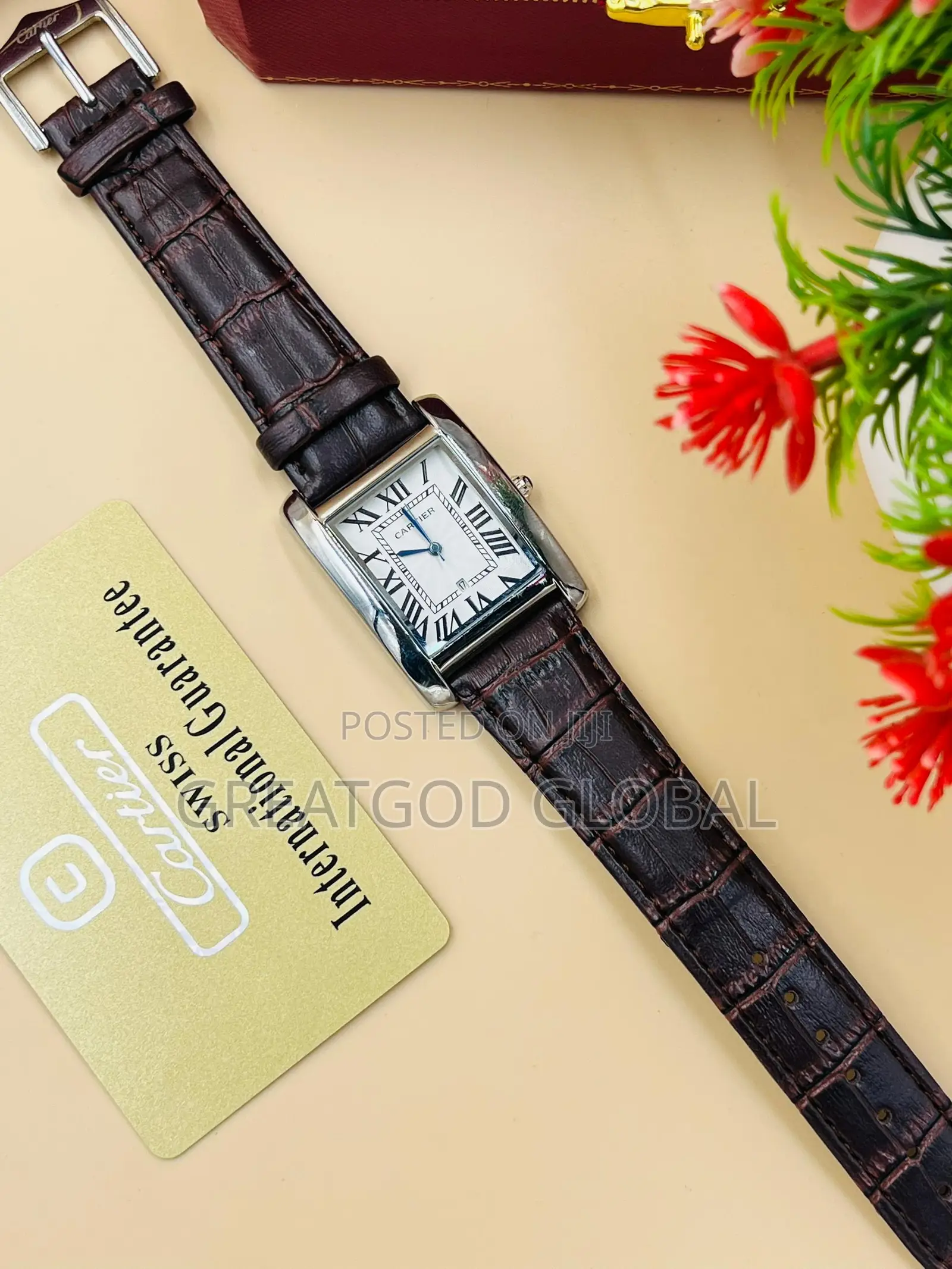 Cartier Leather Wristwatch Unique With Box Silver