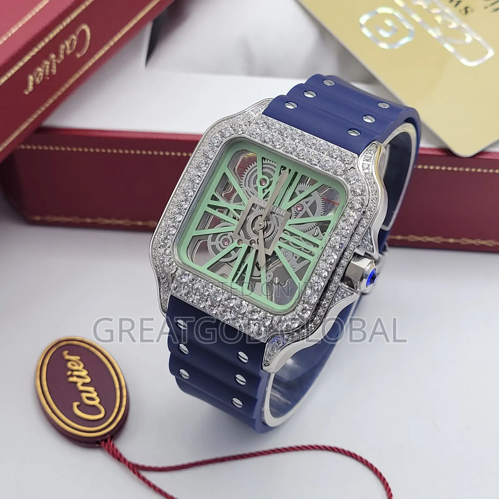 Luxury Cartier Wristwatch Iced Face With Rubber Strap