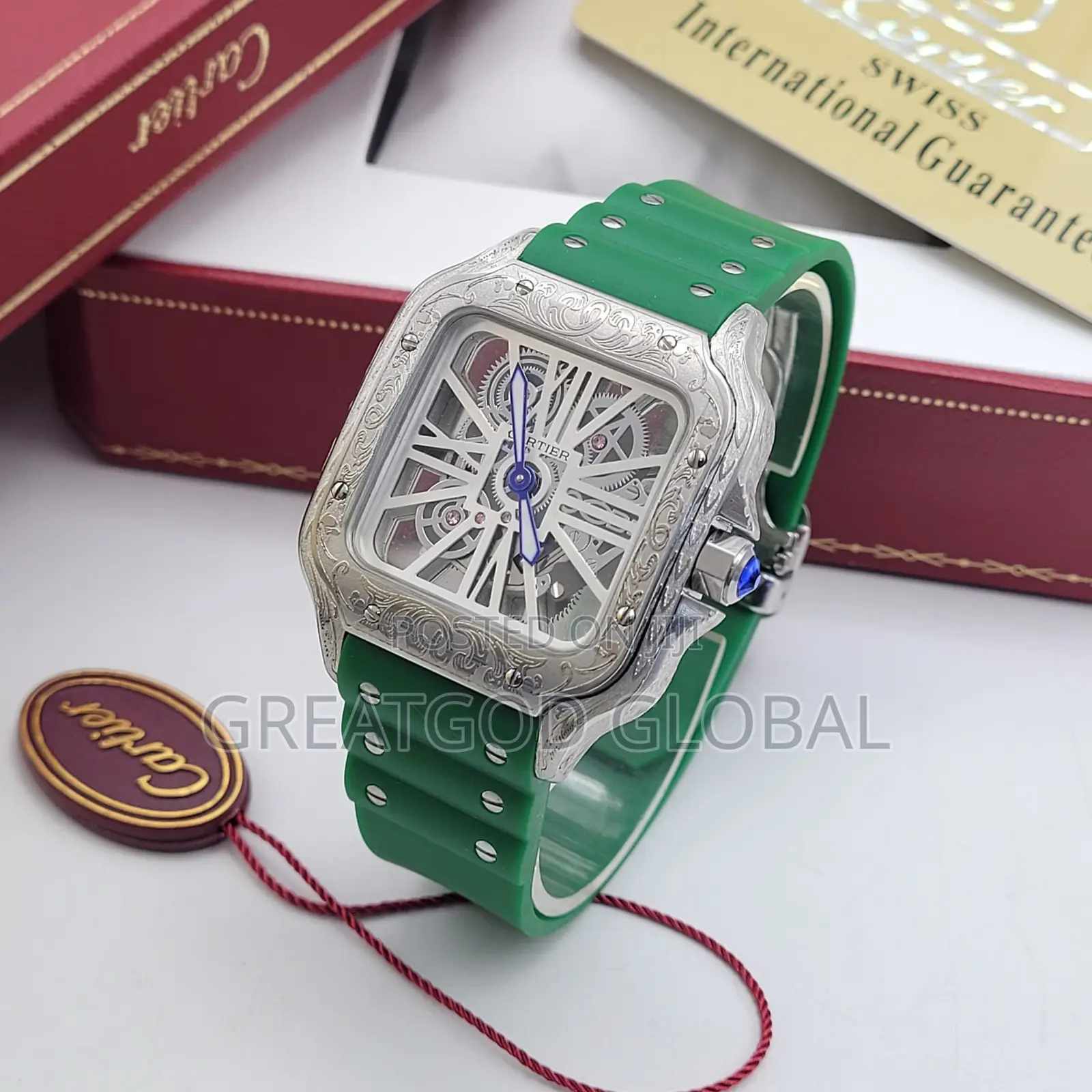 Luxury Cartier Wristwatch Engraved With Rubber Strap Green