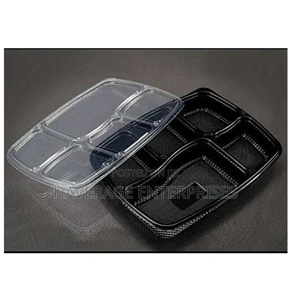 4 5 Compartment Black Disposable Plates Lid- 300pcs