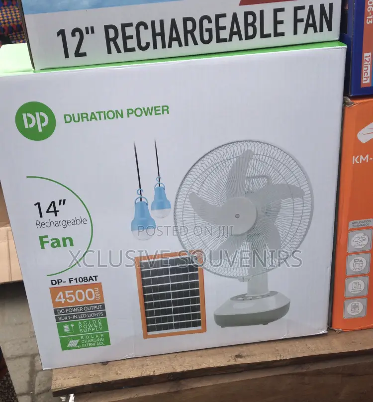 14inches DP Rechargeable Fan With Solar Panel 2 Bulbs