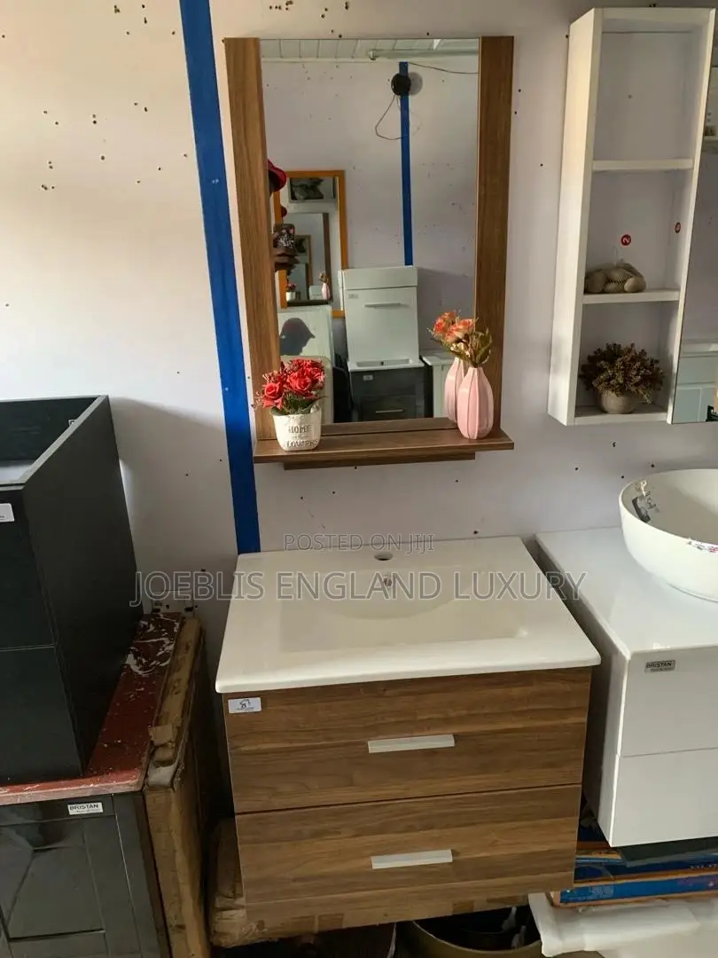 Hanging Cabinet Basin and Mirror With Wooden Color Design