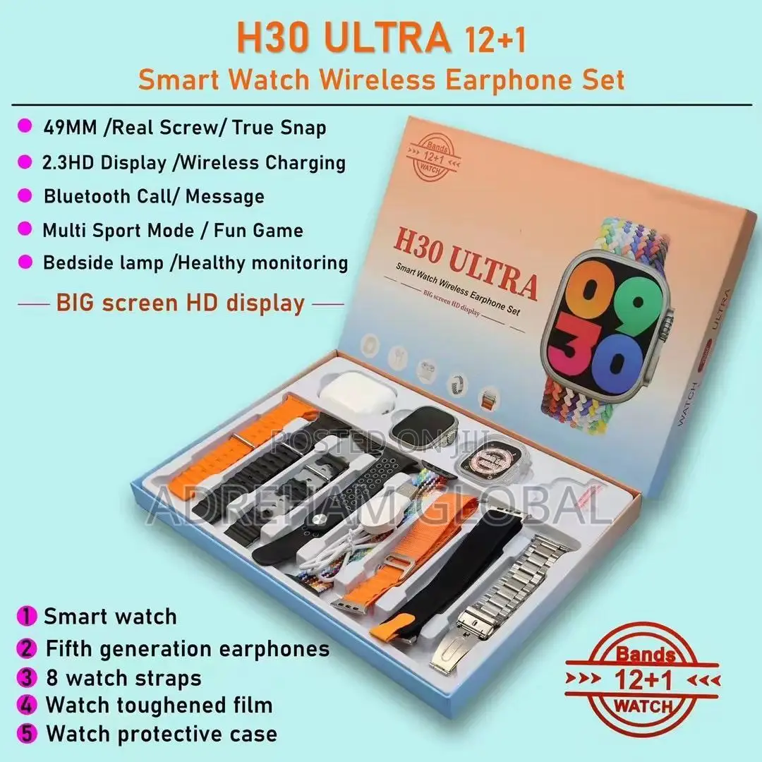 Ultra H30 Smart Watch 12in 1 Set With Wireless Earphones