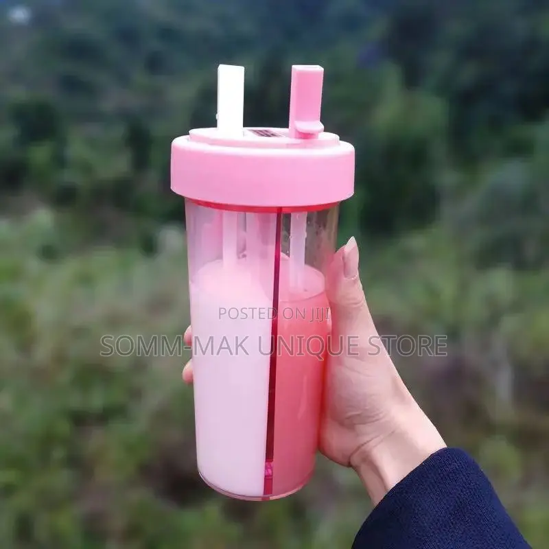 Double Drinking Cup With Two Independent Straws Leakproof