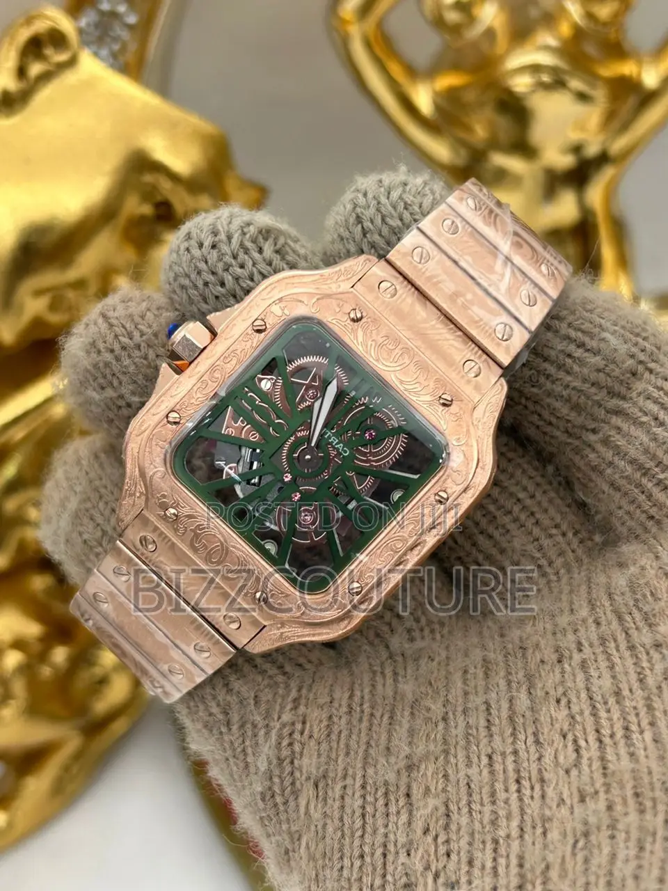 Original Cartier Mechanical Green Dail Gold Chain Watch