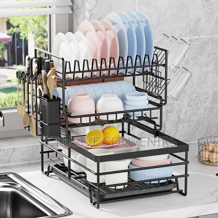 3 Layer Stainless Steel Dish Drying Rack With Utensil Holder