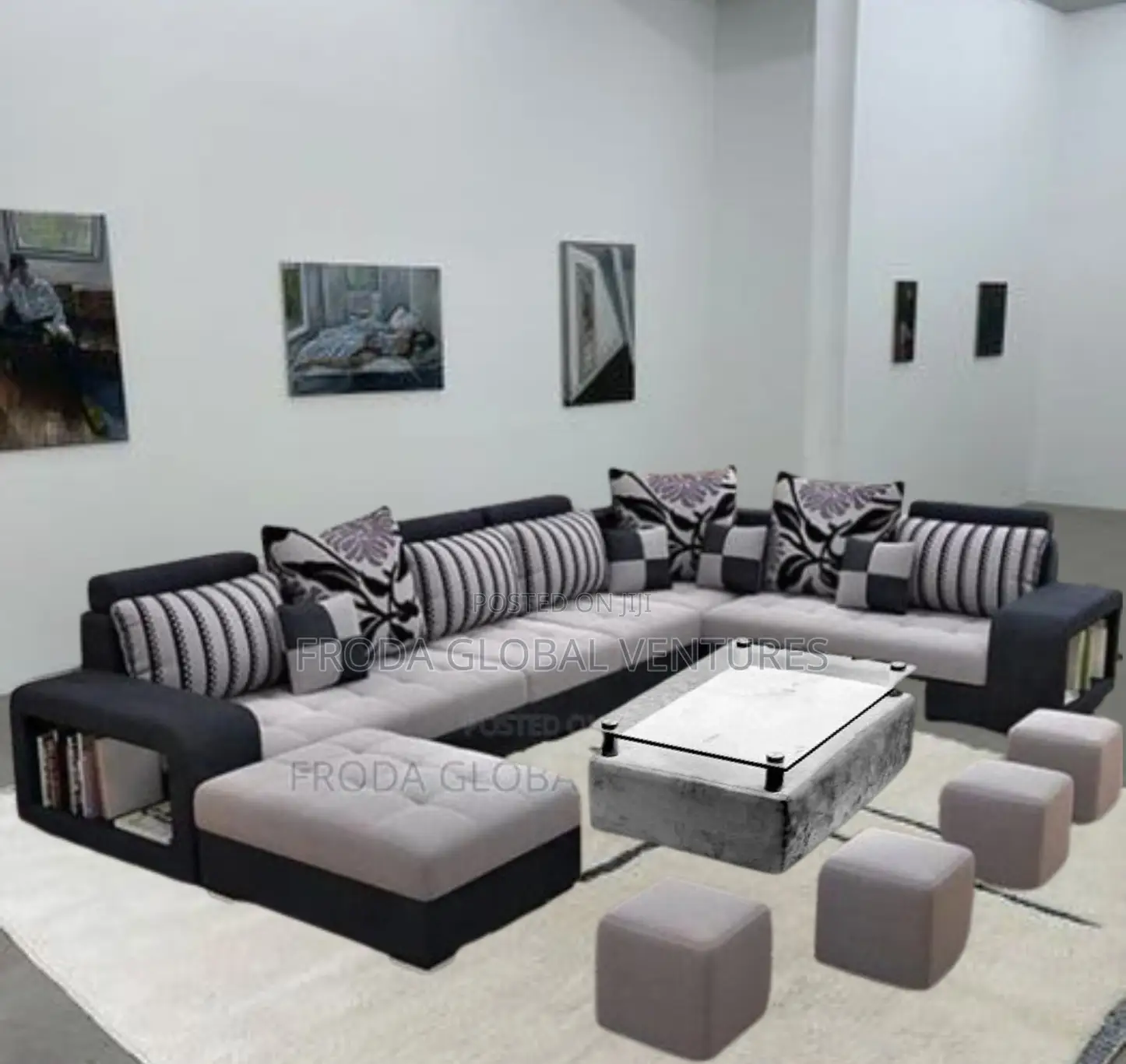Set of U-Shape Sofa Chairs With Table and Side Stools. Gray
