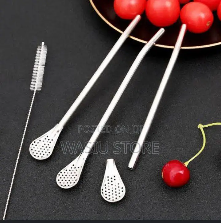 6pcs Stainless Steel Straw Spatula 1pc Cleaning Brush Set