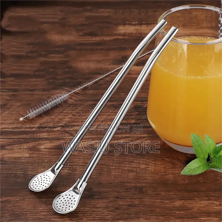 6pcs Stainless Steel Straw Spatula 1pc Cleaning Brush Set