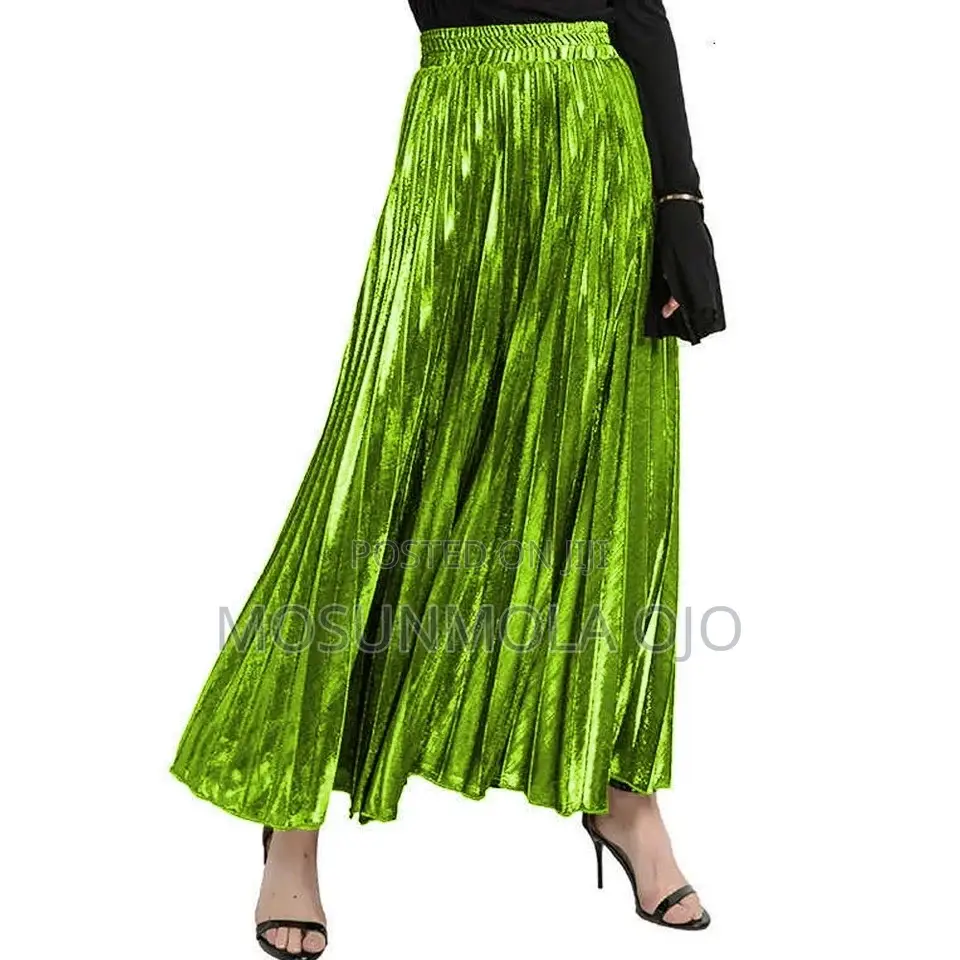 High Waist Shiny Metallic Luster Pleated Maxi Long Skirt