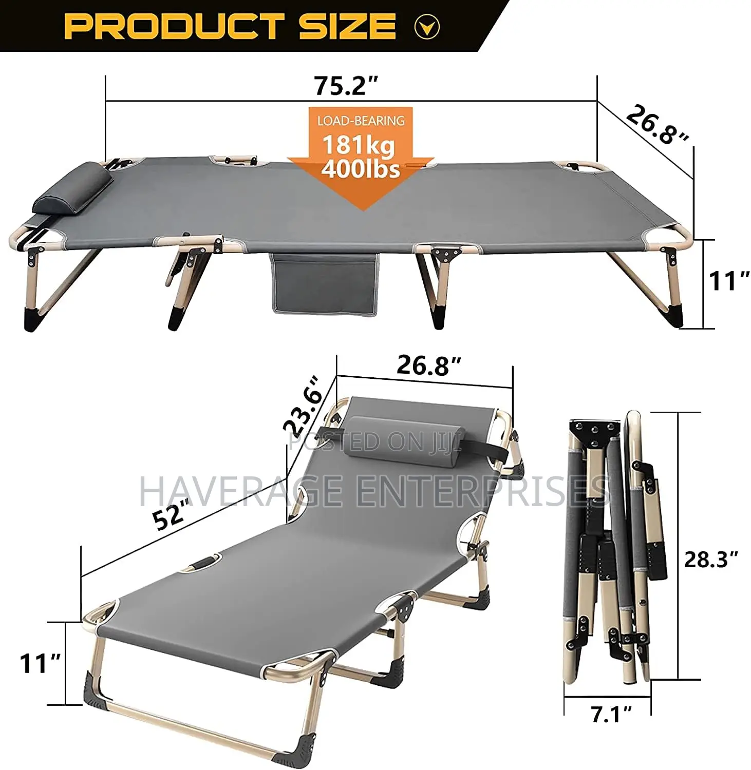 Adjustable 4-Position Portable Folding Chaise Camp Bed