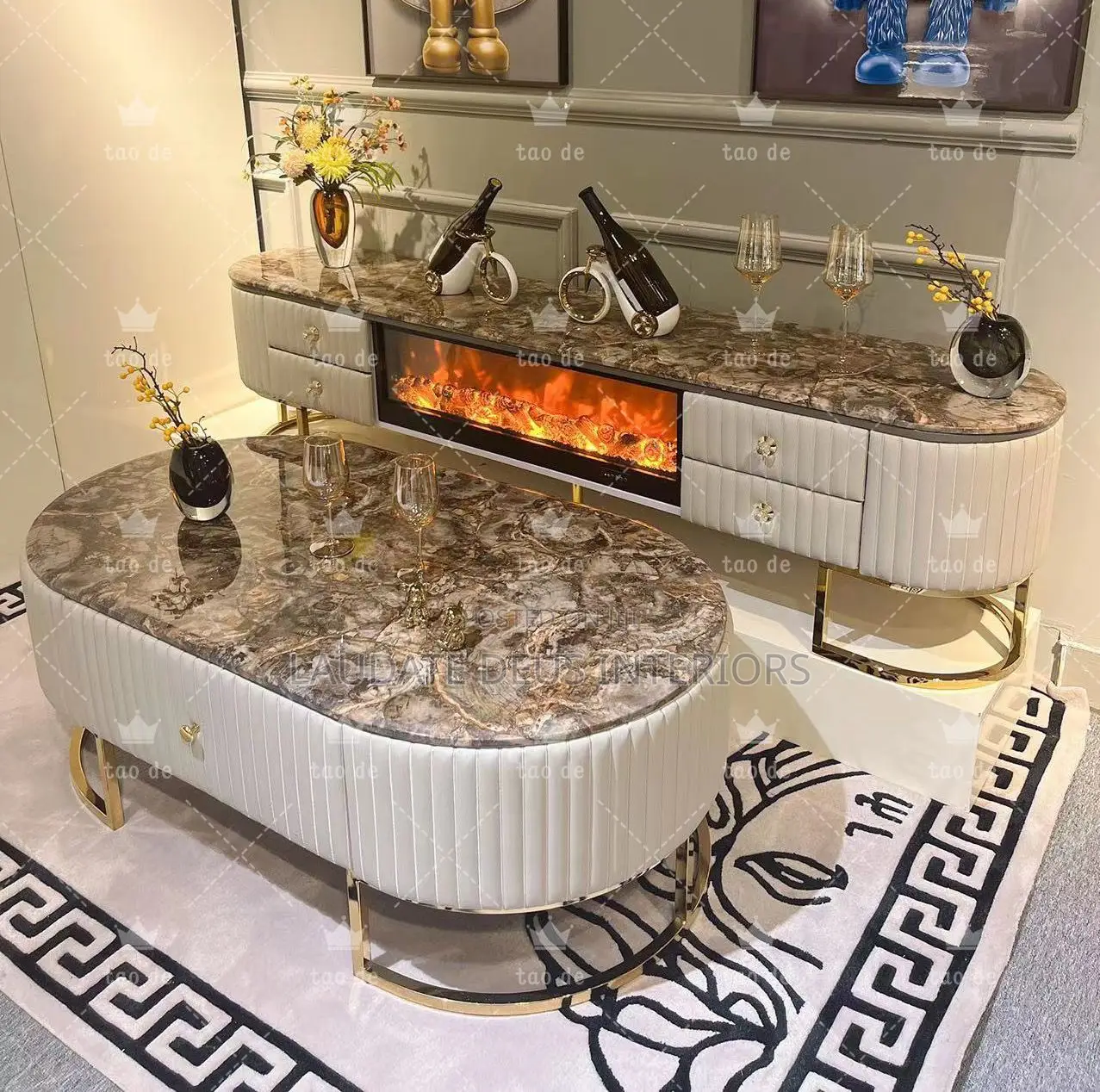 Exquisite Marble Top Center Table With Fireplace TV Console
